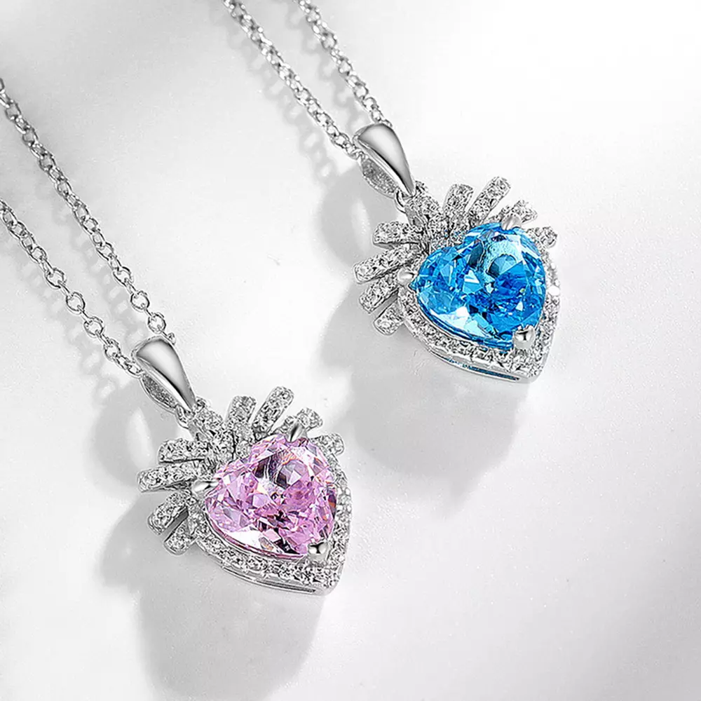 Heart Sapphire Pendant Chain in S925 Silver with Pink Diamonds