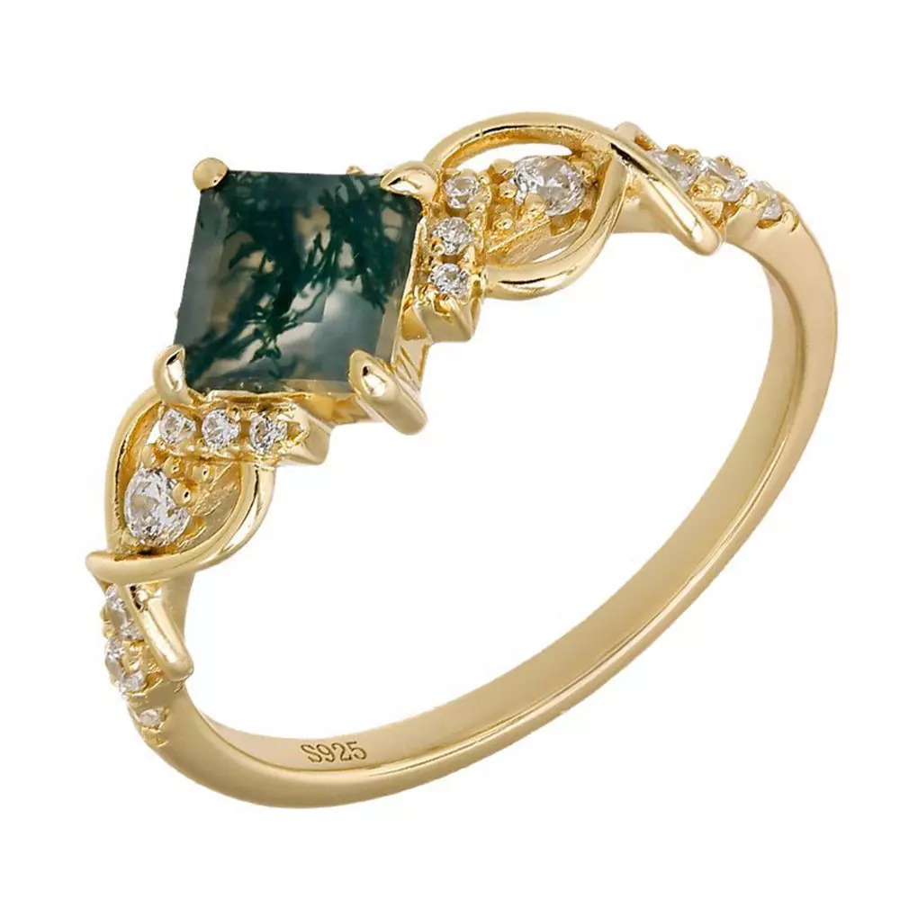 Square Watercress Agate S925 Silver Plated 14K Gold Vintage Ring