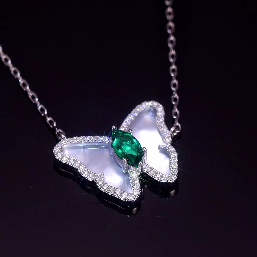S925 Silver with Cultured Emerald White Shell Butterfly Fashion Necklace
