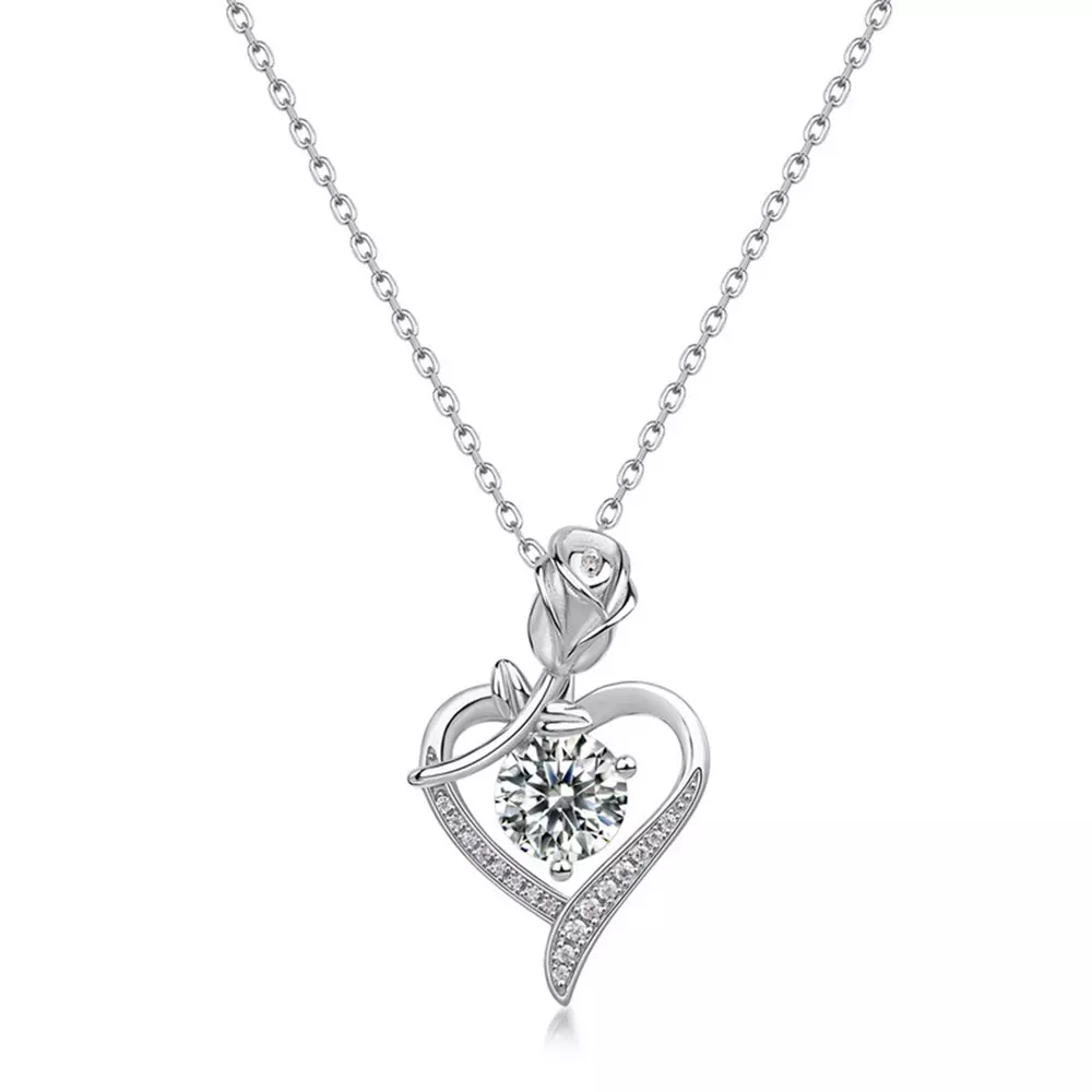 S925 Sterling Silver Rose on Heart Moissan Diamond Pendant Necklace