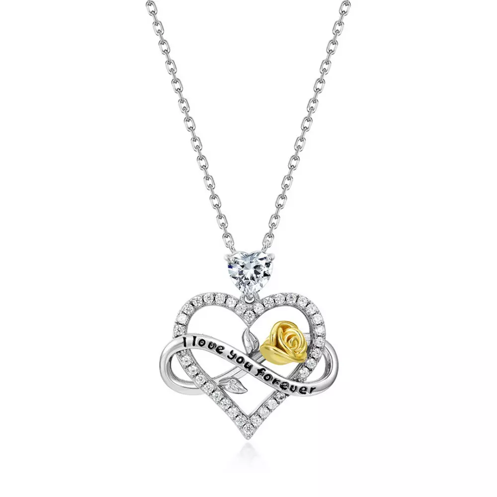 S925 Silver Full Diamonds Heart Rose Love Necklace