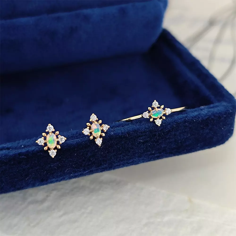 925 Silver Natural Opal Snowflake Ring and Earrings Set