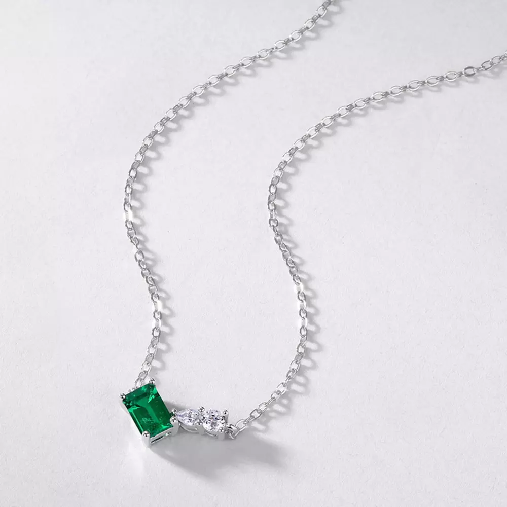 S925 Silver Small Octagonal Cultured Emerald Lock Chain Necklace