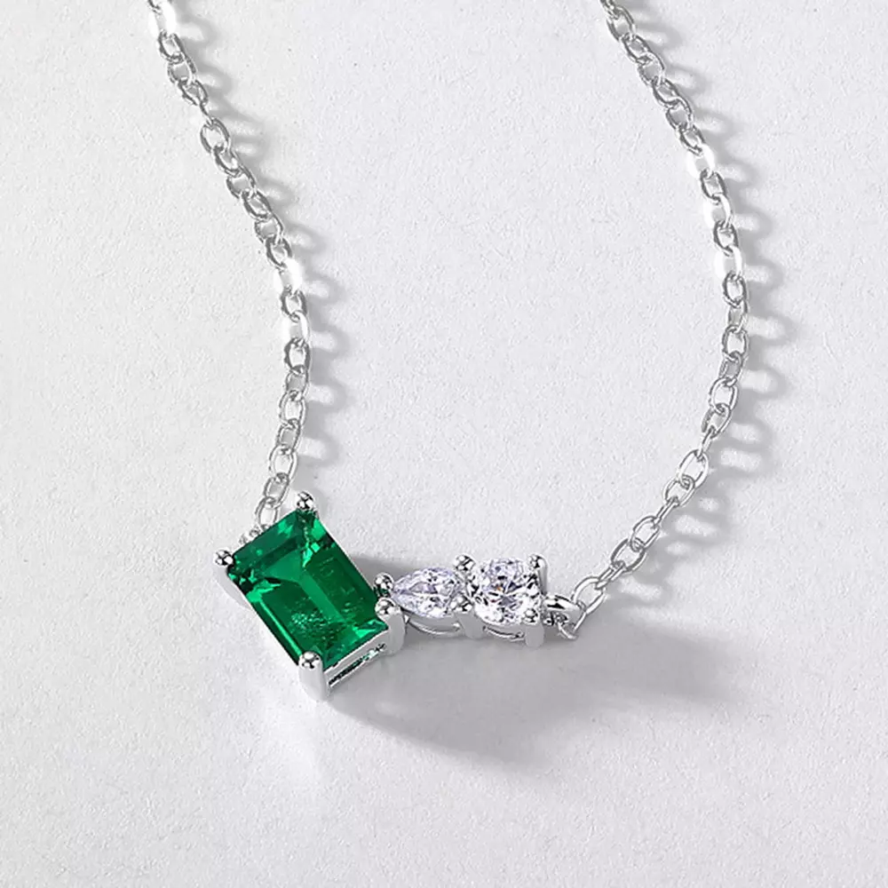 S925 Silver Small Octagonal Cultured Emerald Lock Chain Necklace