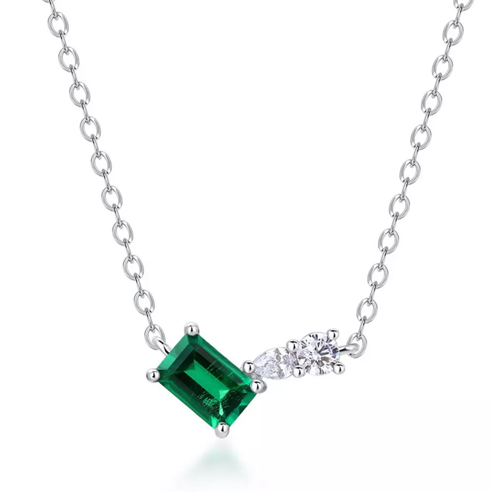 S925 Silver Small Octagonal Cultured Emerald Lock Chain Necklace